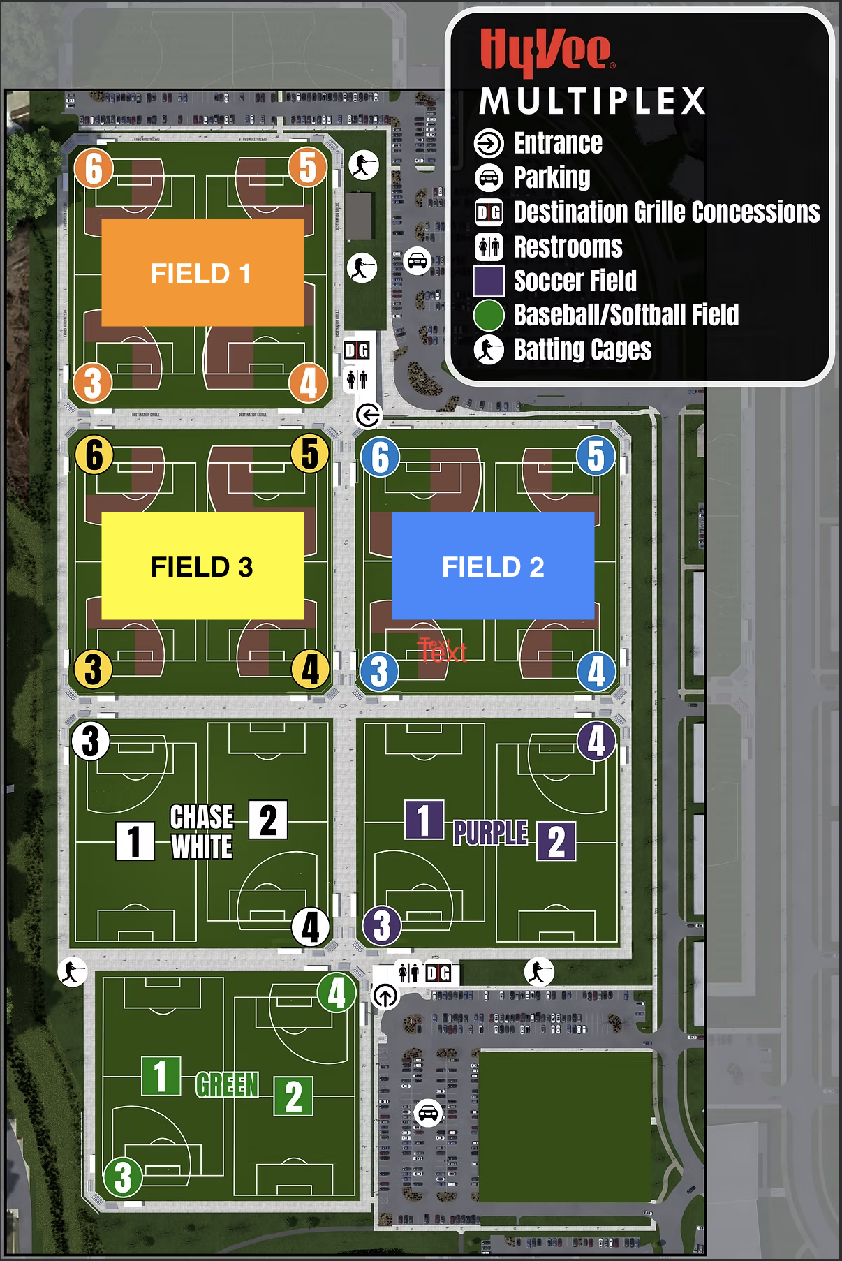 Overhead venue map of the Hy-Vee Multiplex sports complex showing baseball, softball, and soccer field layout, parking, restrooms, concessions, entrances, and batting cages. Three highlighted baseball areas are labeled Field 1 in orange at the top left, Field 3 in yellow at middle left, and Field 2 in blue at middle right. Numbered diamonds 3, 4, 5, and 6 appear around each baseball quad. Soccer fields below are labeled Chase White, Purple, and Green with numbered field markers. A legend in the upper right includes symbols for entrance, parking, Destination Grille concessions, restrooms, soccer field, baseball/softball field, and batting cages. A small red placeholder text reading &ldquo;Text&rdquo; appears near the bottom of the blue Field 2 box.