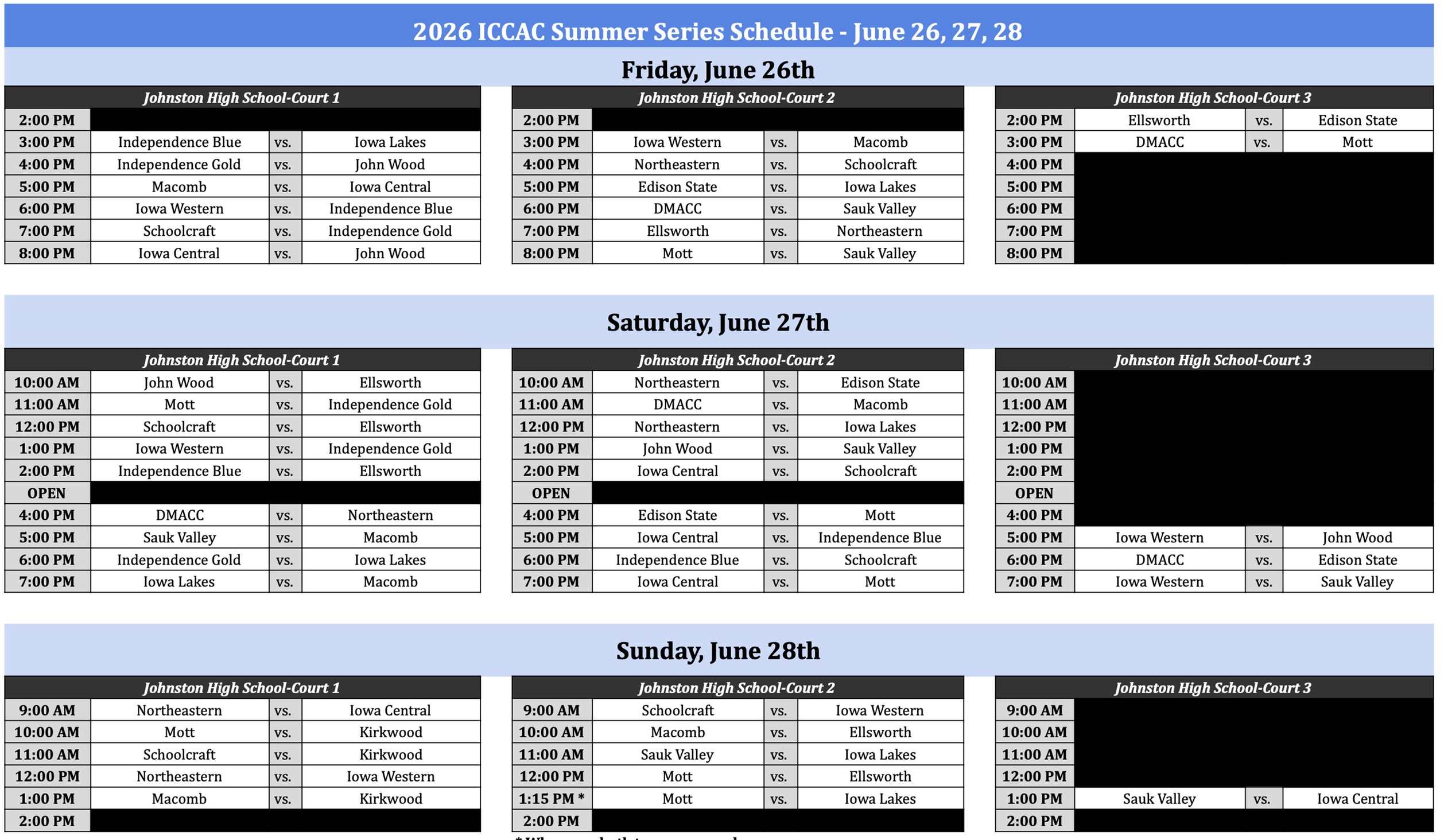 2026 ICCAC Summer Series men's basketball schedule for June 26&ndash;28, showing game times, matchups and courts at Johnston High School.