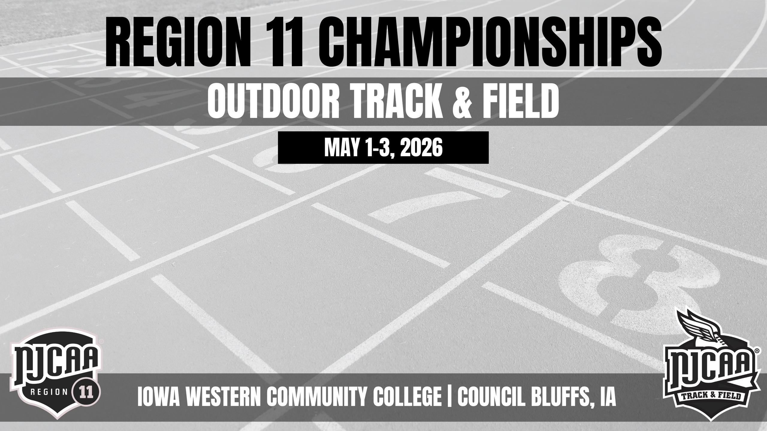 Banner for Region 11 Championships in outdoor track and field, dated May 1-3, 2026, at Iowa Western Community College, Council Bluffs, IA. Track lanes and NJCAA logos are visible.