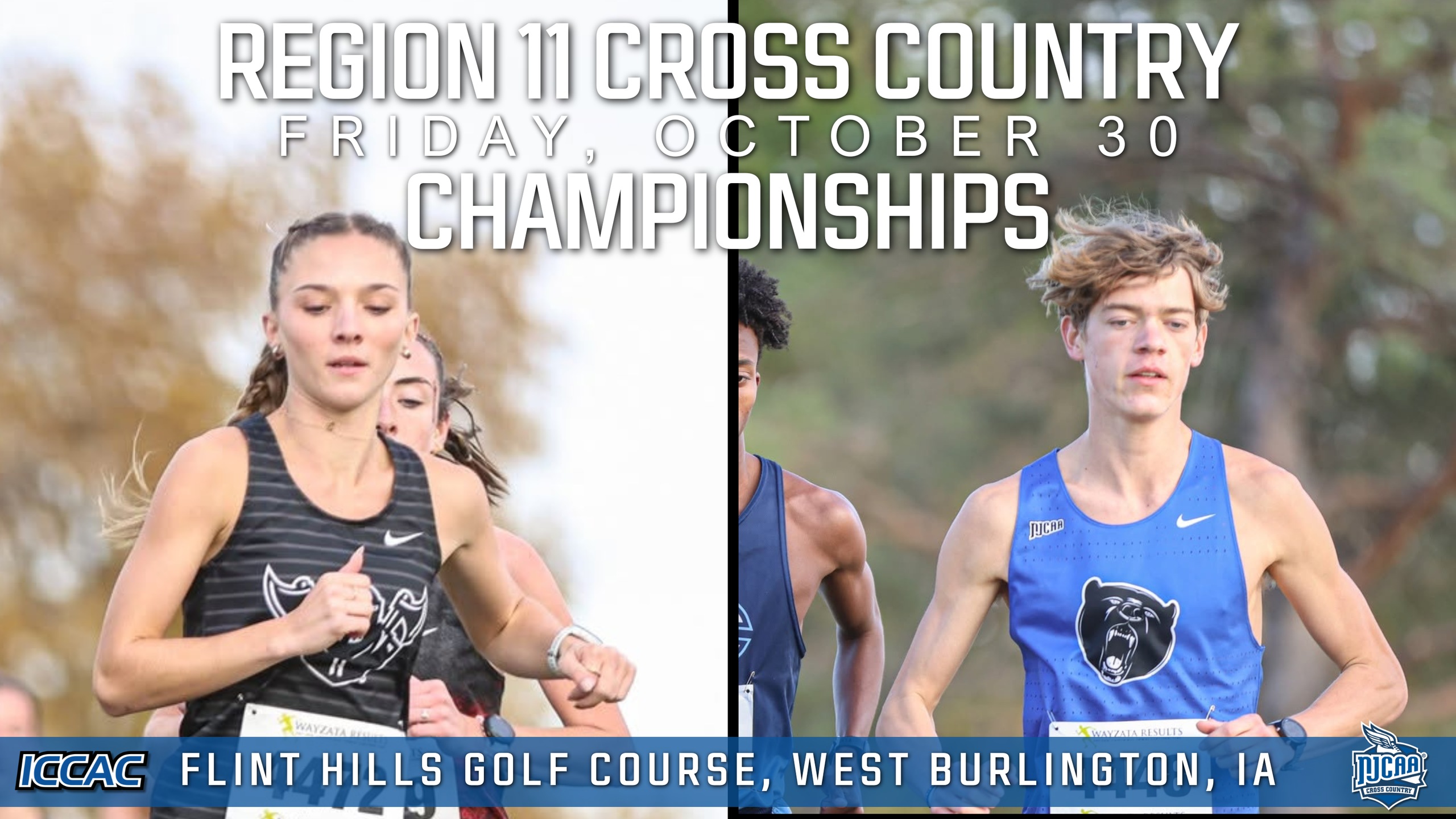 Graphic promoting the Region 11 Cross Country Championships on Friday, October 30 at Flint Hills Golf Course in West Burlington, Iowa, over a race photo.